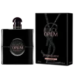 تصویر بطری بلک اوپیوم زنانه از برند ایو سن لورن، مشکی و درخشان، نمایانگر جذابیت شبانه و رایحهای اعتیادآور