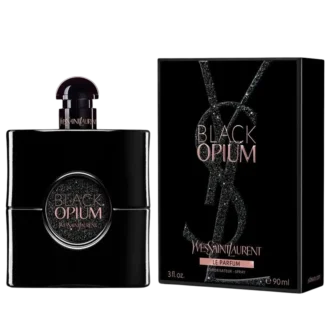 تصویر بطری بلک اوپیوم زنانه از برند ایو سن لورن، مشکی و درخشان، نمایانگر جذابیت شبانه و رایحهای اعتیادآور
