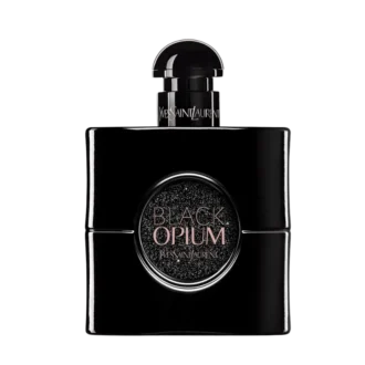 تصویر بطری بلک اوپیوم زنانه از برند ایو سن لورن، مشکی و درخشان، نمایانگر جذابیت شبانه و رایحه‌ای اعتیادآور