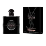 تصویر بطری بلک اوپیوم زنانه از برند ایو سن لورن، مشکی و درخشان، نمایانگر جذابیت شبانه و رایحهای اعتیادآور